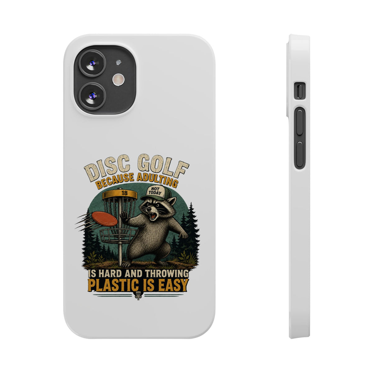Slim phone case with disc golf raccoon design