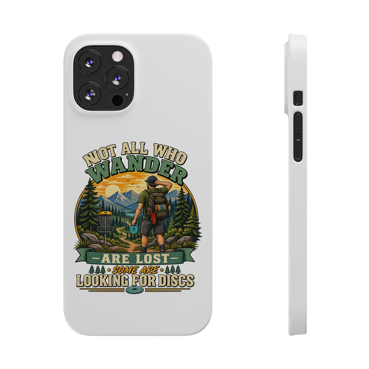 Slim phone case with hiking disc golf design
