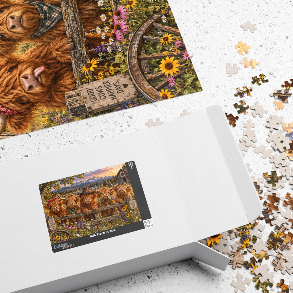 Highland Cow Jigsaw Puzzle – Funny Farm Cow Puzzle, Colorful Country Landscape, Highland Cattle Gift